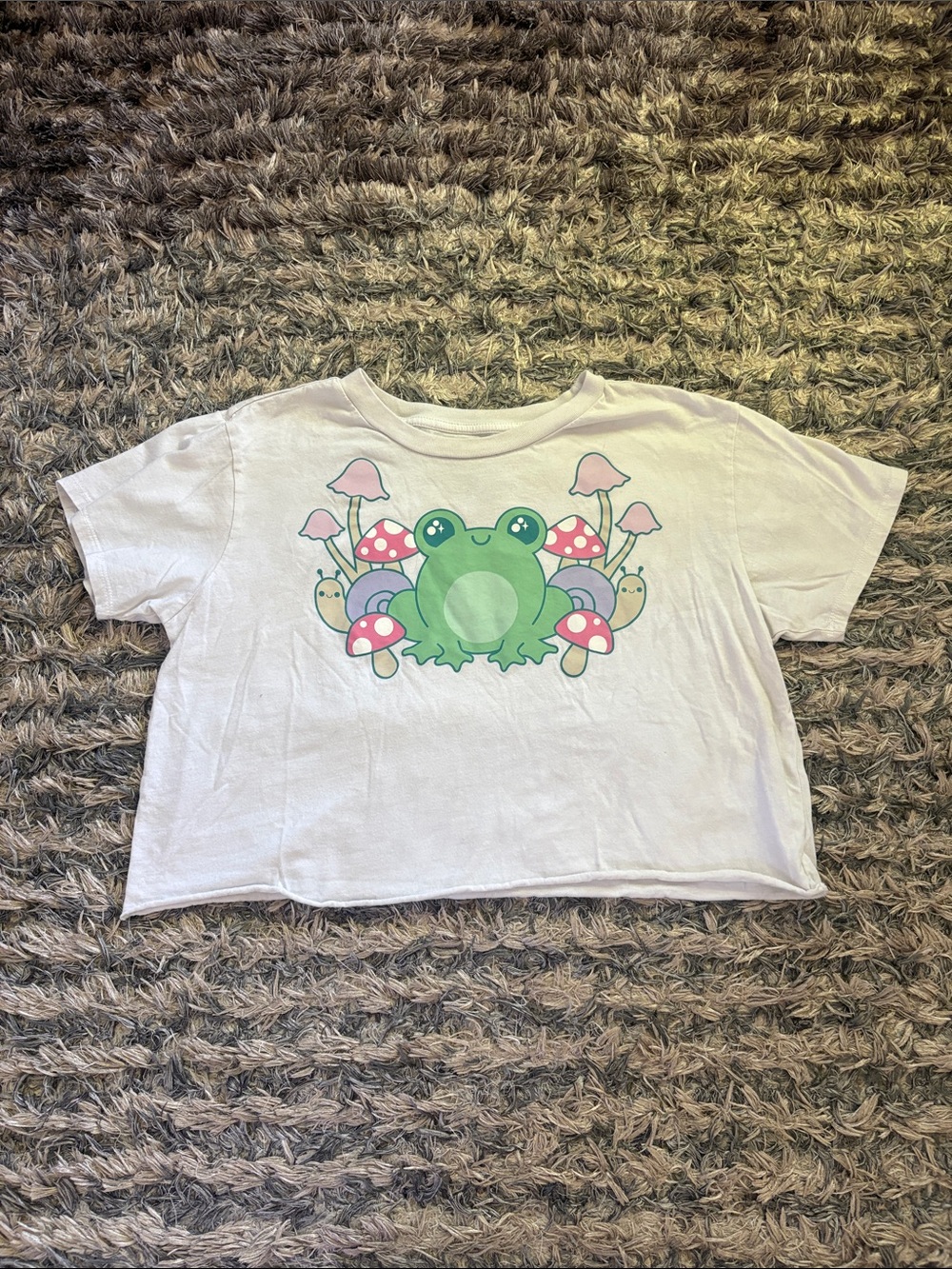 Hot Topic Cream Cropped Tee with Green Frog & Pink Mushroom Graphic